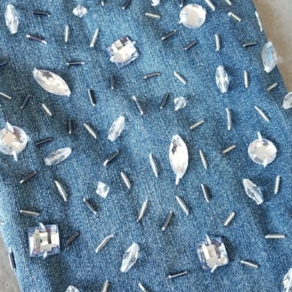Rhinestone Beaded Ankle Trim Indigo Rein Denim Cropped Jeans Raw Hem women’s 26 - Picture 3 of 7